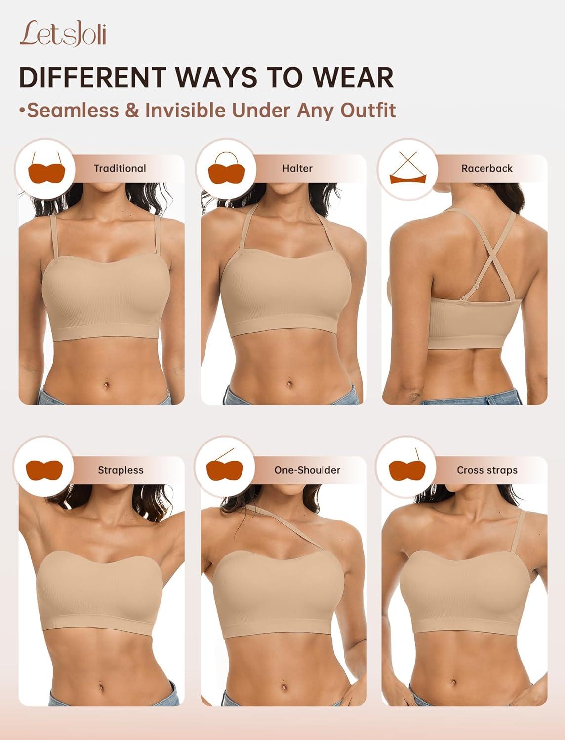imagePush Up Strapless Bras for Women Supportive Bandeau Bra Non Slip Wireless No Underwire Padded Tube BraNude