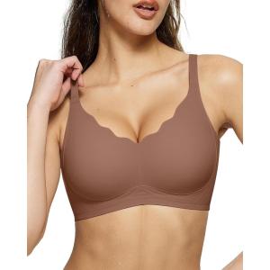 Wireless Seamless Bras for Women No Underwire Push Up Scalloped V Neck Full Coverage Support Bralettes Everyday Bras(Coffee)