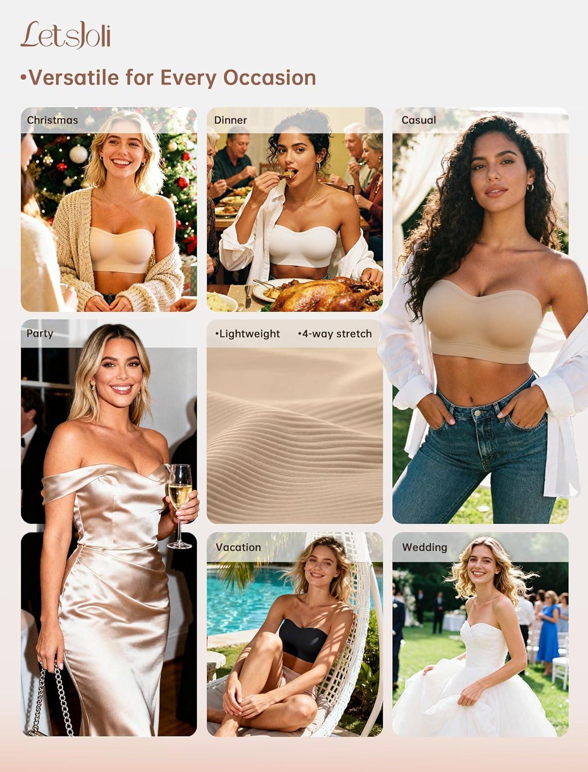 imagePush Up Strapless Bras for Women Supportive Bandeau Bra Non Slip Wireless No Underwire Padded Tube BraCoffeebeige