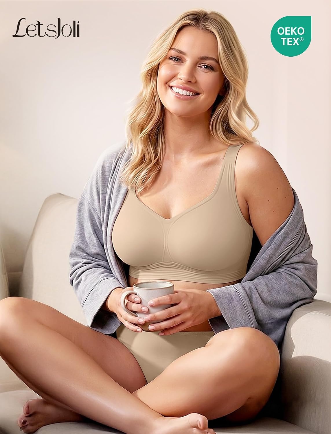 image:imageLetsJoli Jelly Bras for Women Plus Size Pullover No Underwire Full Coverage Fit Wireless Supportive Everyday Bra For Older Women Adjustable Straps Semifixed Removeable Cups SoftSkin