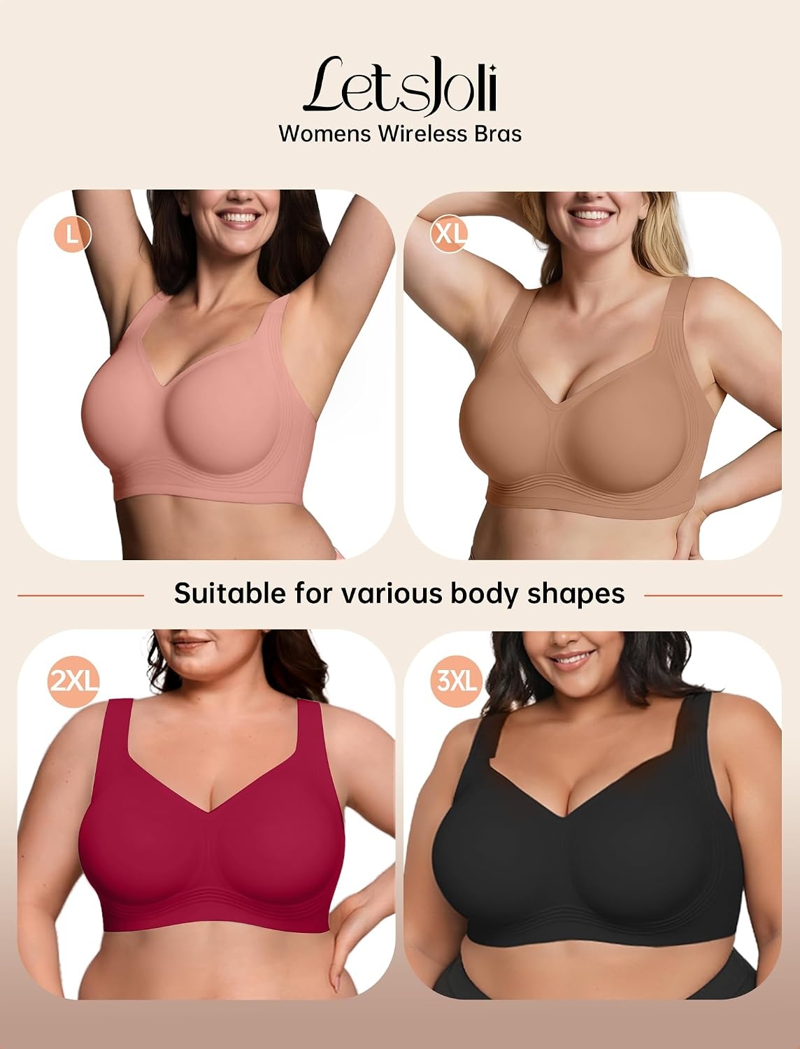 image:imageLetsJoli Bras for Women Supportive Wireless Push Up Bra Full Coverage No Underwire Seamless Plus Size for Older WomenWine Red