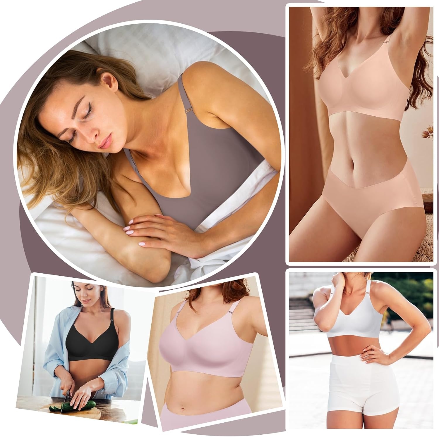 image:imageLetsJoli Push Up Seamless Bras for Women No Underwire Support and Lift V Neck Wireless Full Coverage Bralettes Everyday BrasNude
